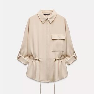 Zara Safari Crepe Cream Blouse with Drawstring Waist - size Small NWT